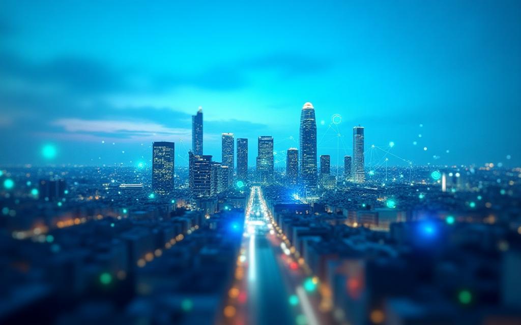 Milan skyline with digital network overlay