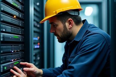 Network technician working on equipment